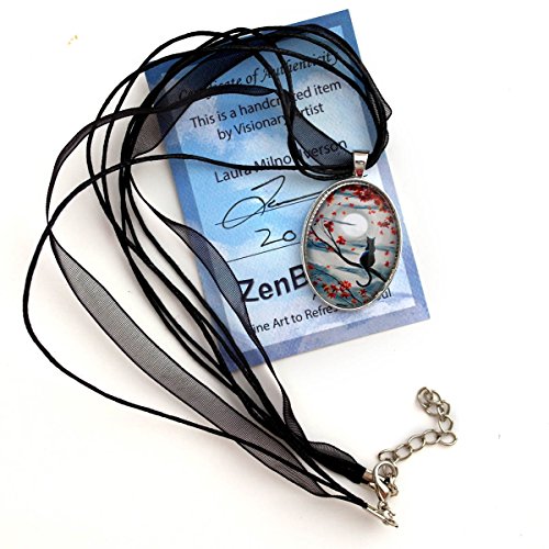 Laura Milnor Iverson Black Cat In Autumn Moonlight Zen Tree Branches Halloween Moon Handmade Jewelry Art Pendant Ribbon Necklace #TOP4
