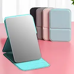 1 peça de espelhos de maquiagem pessoais portáteis dobráveis compactos fofos espelho de bolso couro PU simples, 7 x 10,5 cm, verde