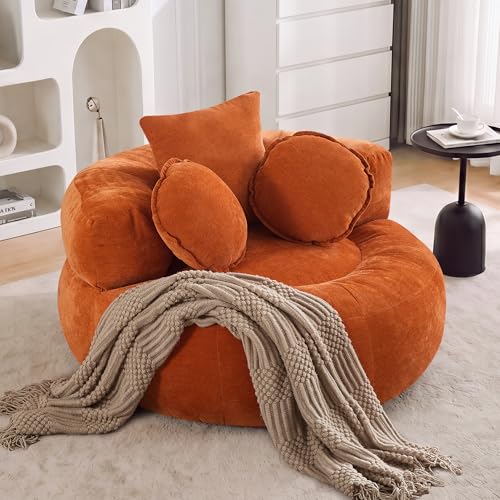 WUTUTUEE Round Oversized Floor Sofa Chair Orange Chenille Compressed Circle Chaise Lounge No Assembly Boneless Barrel Chair Deep Seat Cloud Couch Bean Bag Accent Chair for Living Room Bedroom