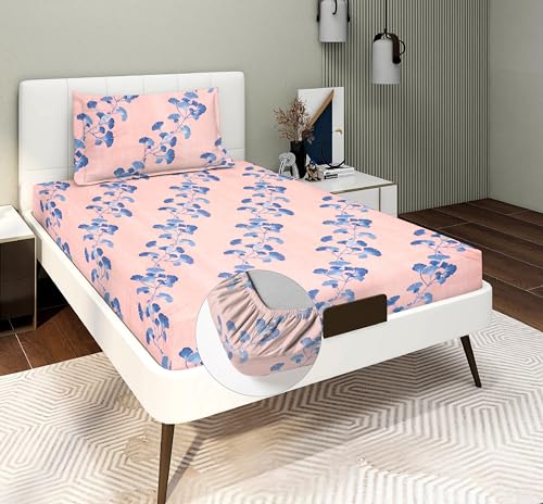 Image of RD TREND Presents Luxurious Glace Cotton Super Soft 210 TC 360 Elastic Fitted Bedsheets Single Bed Size (72 x 48 x 8 Inch) with 1 Pillow Cover Size (28 x18), Color- Pink, Floral