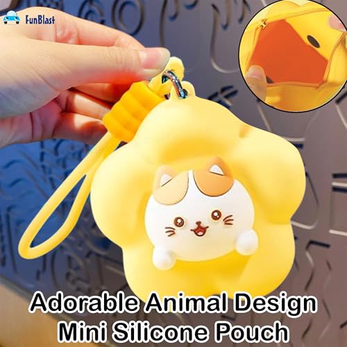Image of FunBlast Soft Silicone Coin Pouch - Cute Animal Design Mini Purse with Strap, Multipurpose Silicone Pouch, Small Zipper Wallet for Kids & Girls, Kawaii Coin Bag - 9 X 9 X 6.5 cm (Yellow)