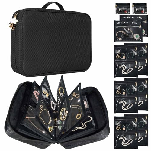 Travel Jewelry Organizer Case, Jewelry Storage Bag with Zipper Velvet Pockets, Portable Jewelry Case for Necklaces, Rings, Earrings, Bracelets