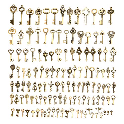 KUNSE 128Pcs Vintage Bronze Key pour Pendentif Collier Bracelet DIY Handmade Accessoires Décorations