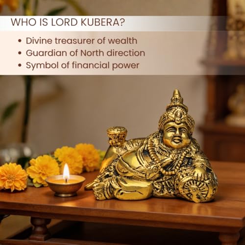 Image of Plus Value Brass Lord Kuber Maharaj Idol Statue God of Wealth Vastu Products for Temple Home Office Decor (8 x 14 x 10.5 cm, Gold)
