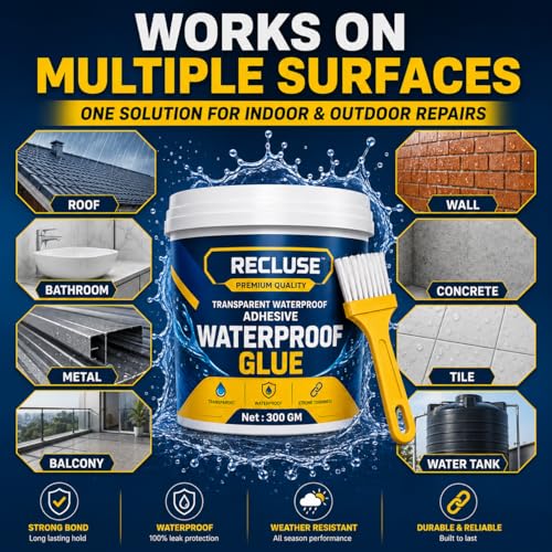 Image of RECLUSE Transparent Waterproof Glue 300gm with Brush, Roof Leakage Crack Seal Agent Roof Water Leakage Solution Water Proof Glue For Wall, Ceramic,Stone, Glass,Bricks, Tile,Plastic,Metal