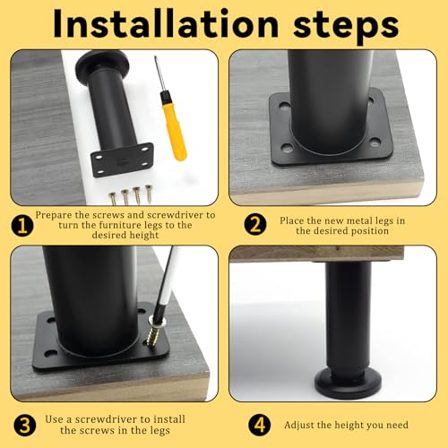 QINGYIWL 4er Set Verstellbare Möbelfüße 12-18cm inkl. Kreuzschlitzschraubendreher – Stabile Edelstahl-Füße für Sofa, Bett, Tisch – Höhenverstellbar, rutschfest, Einfache Montage, Wackelfrei
