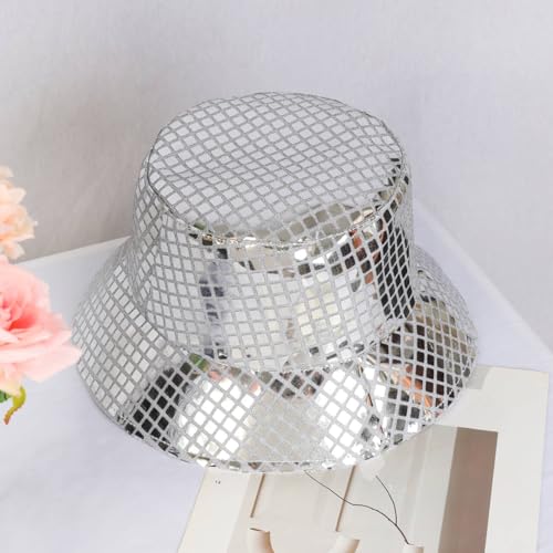 Image of Unisex Metallic Bucket Hat Waterproof Holographic Bucket Hat Fishing Hat Trendy Hip Pop Sun Cap