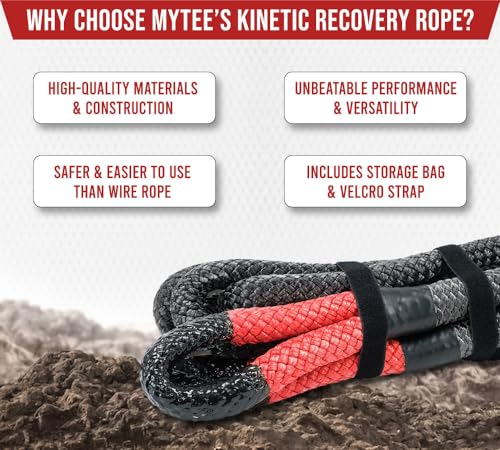 Image of Mytee Products 1-1 /2 inchx30' Kinetic Recovery Rope w /Strap & Tote Bag - 74,000 LBS Red & Black - Heavy Duty Kinetic Energy Tow Rope - Offroad Snatch Strap for Truck, SUV, UTV, ATV, Car, Tractor