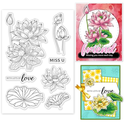 ORIGACH Sellos transparentes de silicona con diseño de flor de loto, sellos reutilizables para hacer tarjetas, álbumes de recortes, decoración de álbumes de fotos