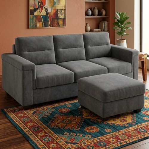 Image of FURNY Parker 3 Seater Sofa Set with Ottoman | Premium Suede Velvet Fabric Finish | Durable Comfort Sofa for Modern Living Room & Office Spaces (Dark Gray)