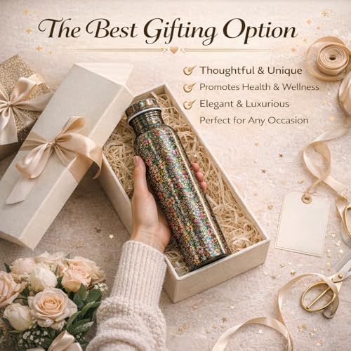 Image of JAIPUR ACE Hammered Pure Copper Water Bottle with Glass Set | 100% Copper Bottle Set | Leak Proof, Ayurvedic Health Benefits, Premium Design Gift Set for Home, Office, Gifting (Beautiful Flowery)