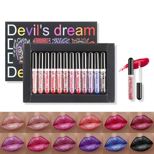 Holzsammlung Lápiz labial de larga duración con brillo de diamante de 12 colores, lápiz labial líquido metálico,duradero e impermeable, antiadherente