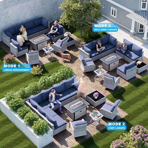 Image of Outdoor PE Wicker Rattan Modular Patio Sectional Sofa Set | 11-Piece: 6 Modular Seats, Coffee Table, 2 Swivel Rocking Chairs, Side Table & 55,000 BTU Fire Pit Table, Navy Blue