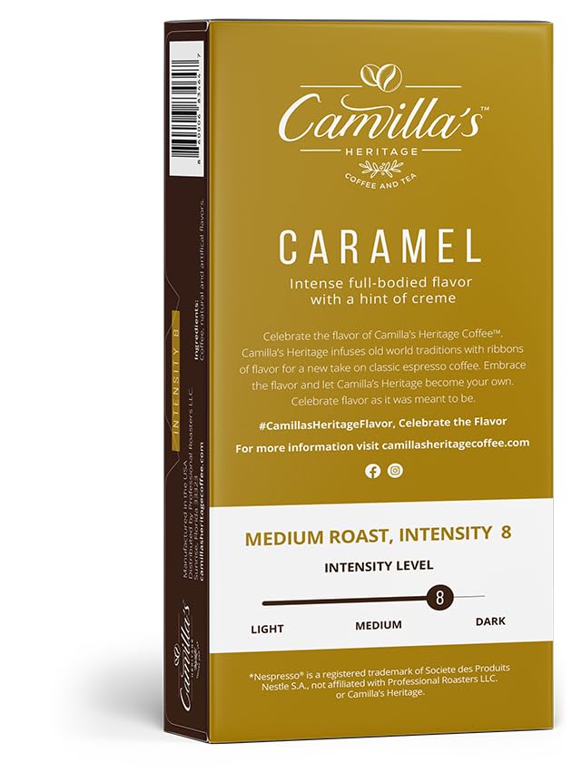 Miniatura 3 de Camilla's Heritage Coffee, tazas de espresso, 60 cápsulas de café saborizadas, caramelo gourmet, tostado medio, intensidad 8, cápsulas de café de