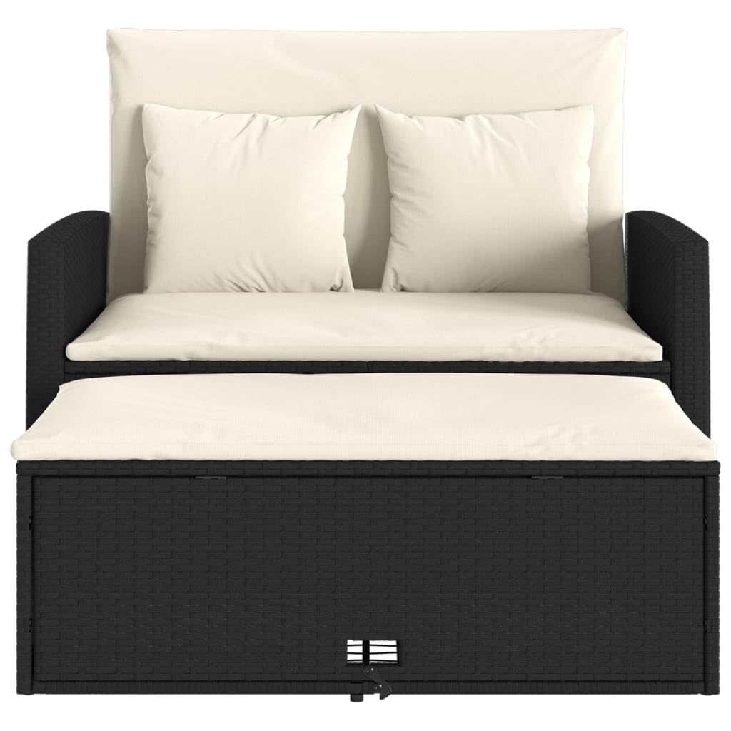 Divano da Giardino 2 Posti con Cuscini, in Polyrattan Nero e Acciaio, Design Convertibile, Set Giardino Esterno, Salotto da Giardino, per Terrazzo e Giardino, Colore Nero, 115 x 75 x 91 cm