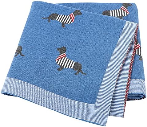LAWKUL Baby Blanket Knitted 100% Cotton Soft Blankets for Newborn Boy Girls Sausage Dog Dachshund 100x80cm Mustard Yellow