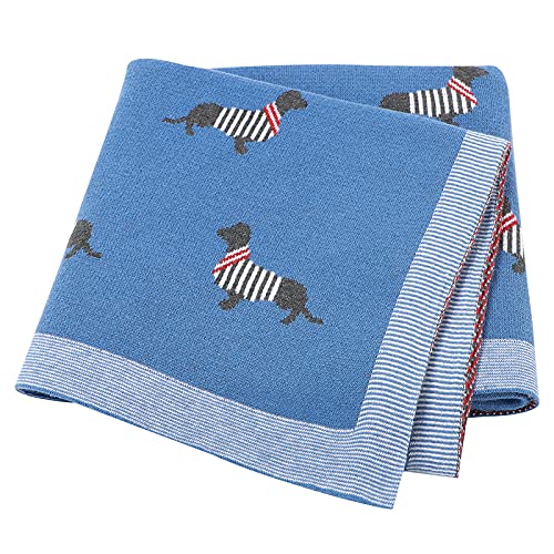 LAWKUL Babydecke 100% Baumwolle Weich Gestrickt Babydecken für Neugeborene Jungen Mädchen Dackel Wursthund 100x80cm Jean Blau