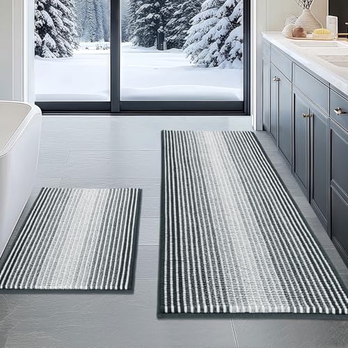 BSICPRO Bathroom Rugs and Mats Sets, 2 Piece Thick Absorbent Chenille Non Slip, Soft Shaggy Bath Room Floor Mats for Bathroom, Machine Washable (Blue Grey, 20" x 47" Plus 16" x 24")