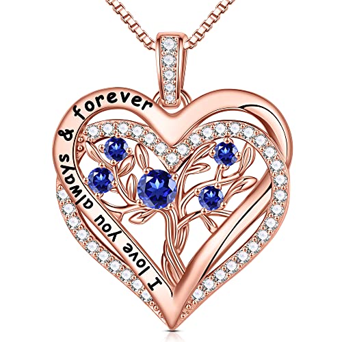 Iefup Sapphire Necklace For Women, S925 Sterling Silver Tree Of Life Necklace Double Heart Birthstone Necklace Anniversary Valentines Day Christmas Birthday Mothers Day Gifts For Mom Wife Grandma #TOP20