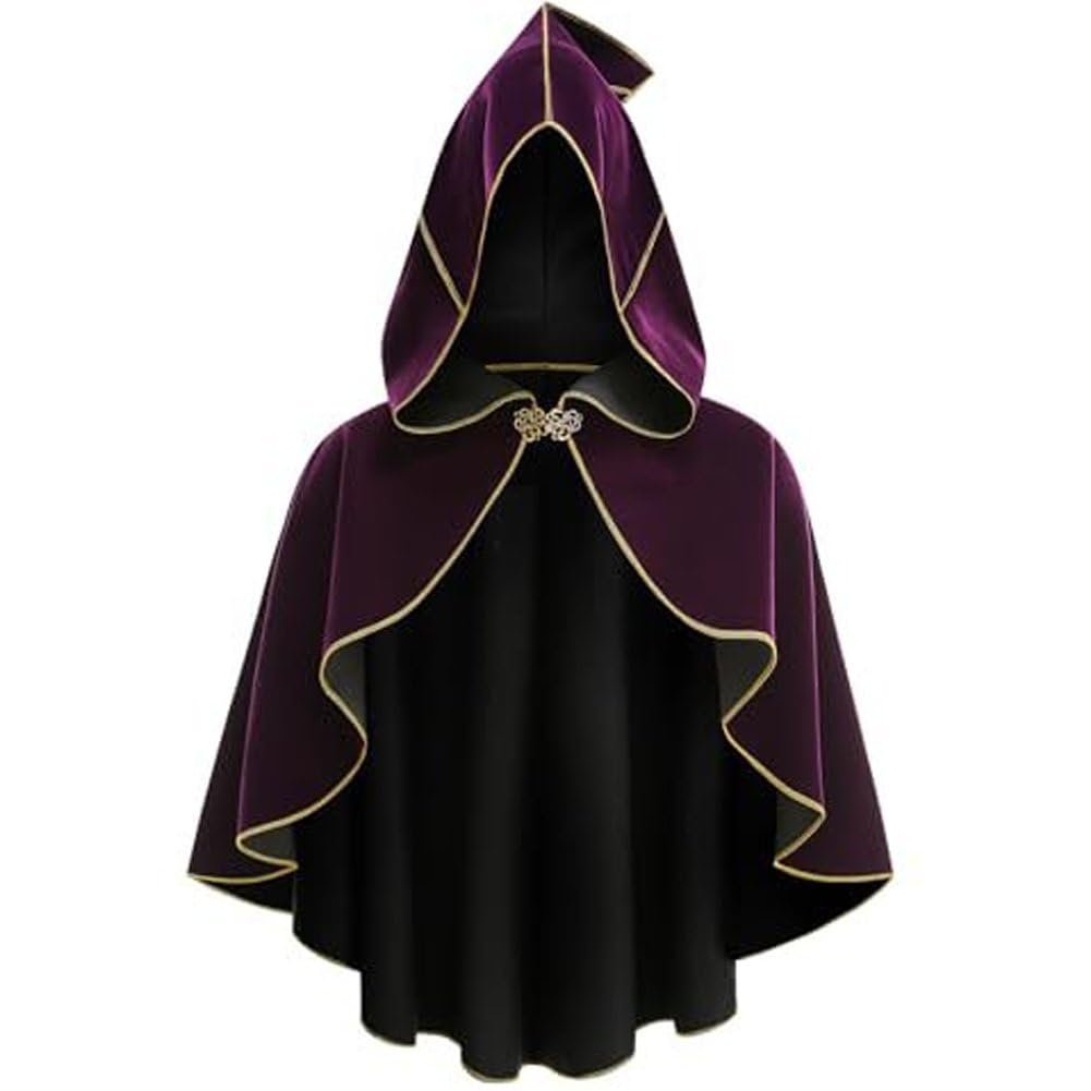 Sslvya Medieval Cloak with Hood Halloween Victorian Renaissance Hooded Short Cape Cosplay Costume for Women Men