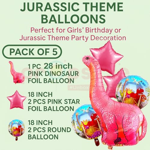 Image of Propsicle Foil Pink Dinosaur Balloon Set, Jurassic Theme Happy Birthdfay Party Decorations, Pack of 5 Balloons