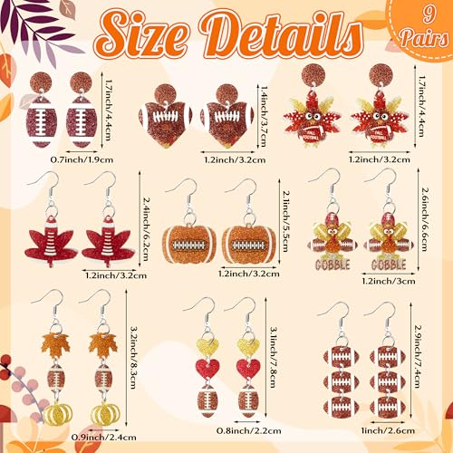 Y1tvei Fall Football Glitter Earrings - 9 Pairs Colorful Maple Pumpkin Sparkly Acrylic Drop Dangle Stud Earhooks Autumn Earring Ear Decor Jewelry Accessory Supplies for Women Thanksgiving Party Event3