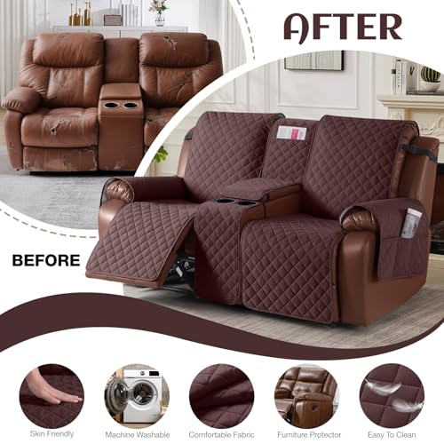 Image of KinCam 100% Waterproof Recliner Loveseat Cover with Console, Non-Slip Reclining Couch Covers for 2 Seat, Recliner Sofa Cover Furniture Protector with Elastic Straps for Kids, Pets, Coffee