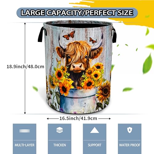 Image of Highland Cow Sunflower Laundry Basket Foldable Waterproof 18.9 x 16.5 Inch | Oxford Cloth Hamper With Reinforced Handles Lining Large-Capacity Storage For Bathrooms /Laundry Rooms / Living Rooms /Bedrooms