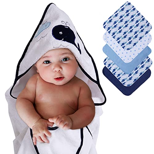 Image of saftan Baby Bath Hooded Towels Set with 5 Baby Washcloths, Super Soft and Absorbent Baby Towel and Face Cloths for Newborn, Baby Essentials for Newborn Boys and Girls