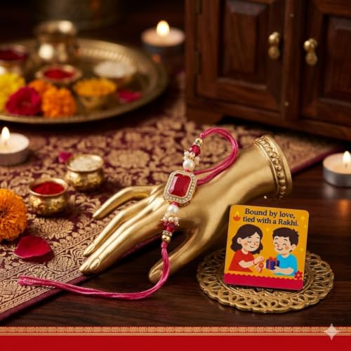 Image of SAUDEEP INDIA Decorative Fridge Magnet for Refrigerator Decor | Rakhi for Brother | Raksha Bandhan Gift Combo Set | Cotton Thread Rakhi for Bhai Bhaiya | Festive Home Decor Item (Megenta)