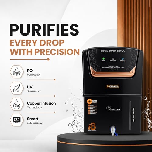 Image of i8 RO Water Purifier | RO+UV+UF+Alkaline+Active Copper | Smart TDS Display | 12L Storage | 3-Stage Purification | Black & Copper