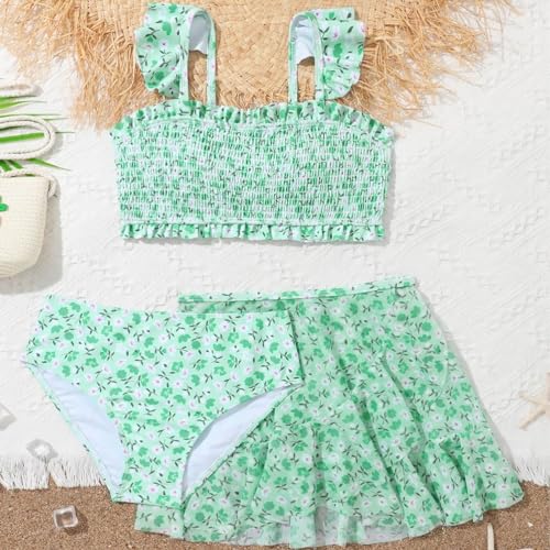 Girls Kids 3 Piece Swimsuit Floral Ruched Ruffle Bathing Suit Sets and Cover Up Skirt Swimwear for Toddler Girl Beach2