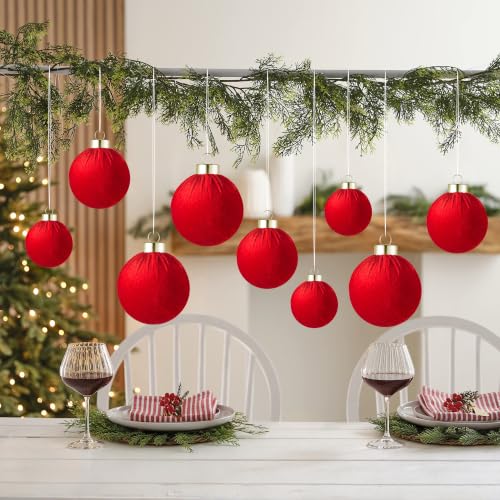 Velvet Christmas Ball Ornaments - 30pcs Flocked Christmas Ornaments Set Shatterproof Classic Hanging Xmas Tree Decorations with Rope for Wreath Holiday Home Decor (Red) - image 6