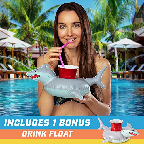 Image of GoFloats Giant Inflatable Shark Pool Float | Raft Includes Bonus Shark Drink Float | Swimming Fun for Kids and Adults, Gray