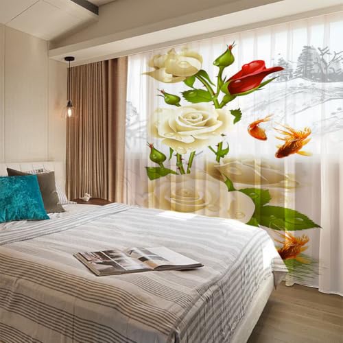 Voilages transparents à oeillets | Lot de 2 rideaux roses à motifs fleurs 132x215cm