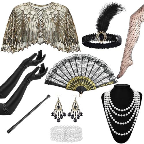 Bryndo 9 Pcs 1920s Flapper Accessories Set for Women Roaring 20s Great Gatsby Accessories with Shawl Sequin Headband Gloves Necklace Earrings Lace Fan Bracelet Socks for Women Ladies Party