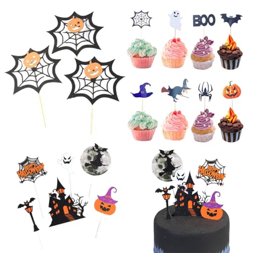 AYVRUOP 57 peças decoração bolo festa de Halloween, decorações envoltório madalenas halloween, decoração para bolos e cupcakes de Halloween, Halloween Cake Toppers para festa de Halloween