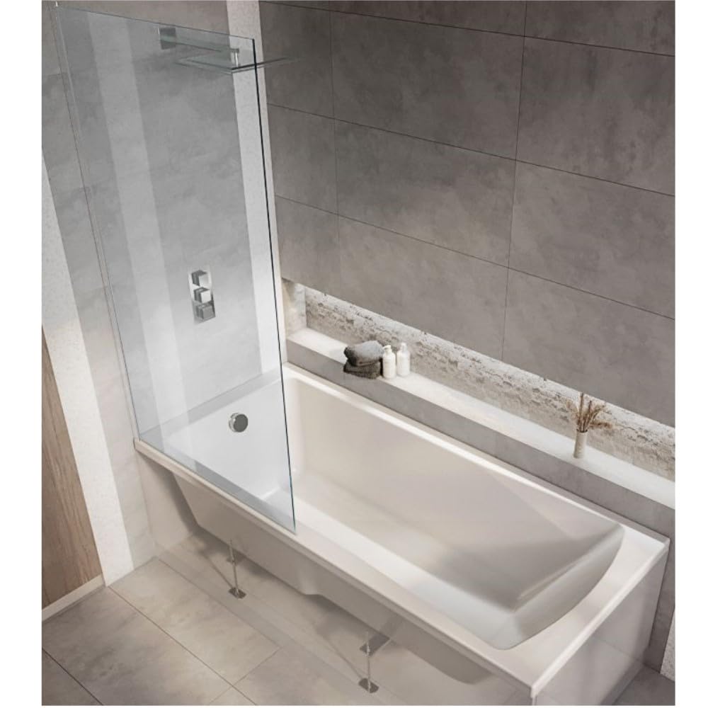 Milano Elswick White 1700mm x 700mm Single Ended Square Shower Bath Chrome Screen