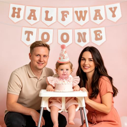 Image of THAWAY 1 /2 Birthday Girl Decorations, Pink Half Way to One Felt Banner Kit | 6 month party supplies; pink half birthday cake topper; adjustable 1 /2 hat; natural wood bead high chair decor