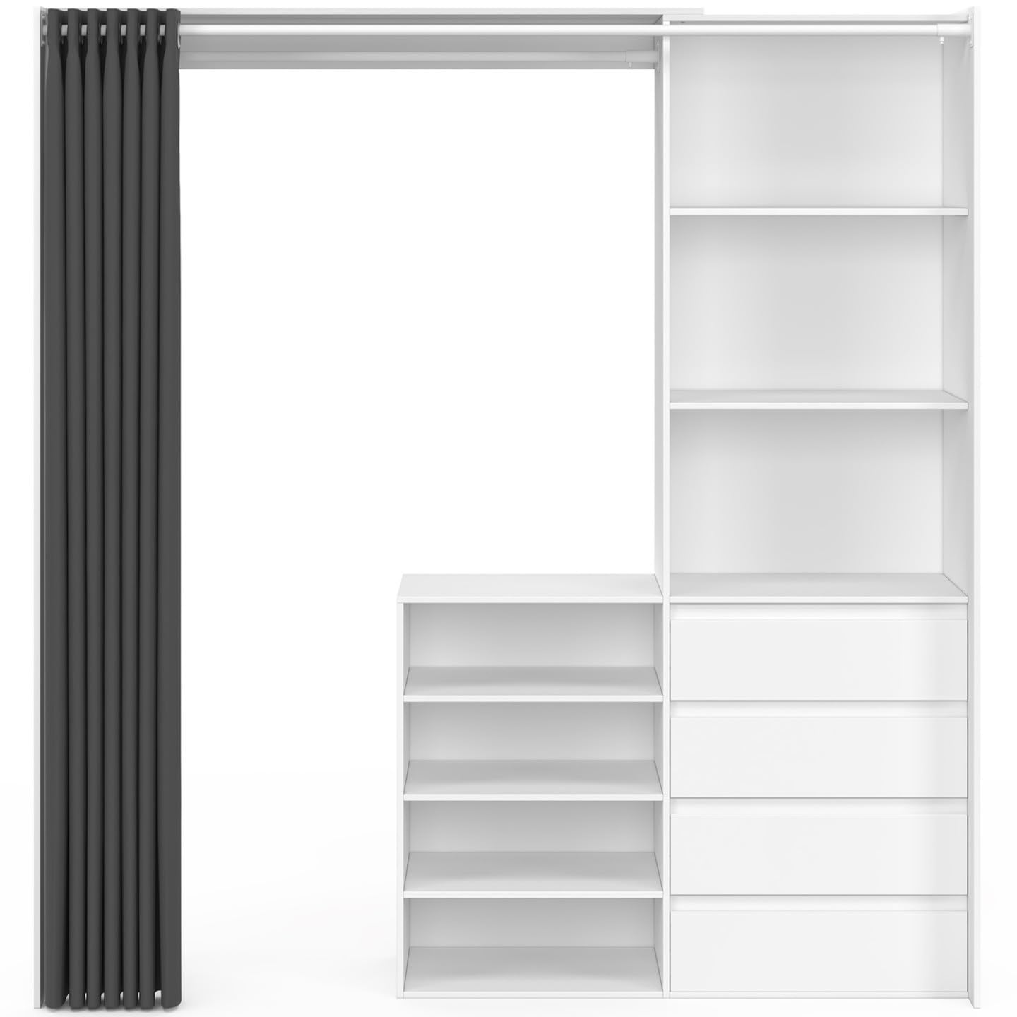 IDMarket - Dressing extensible XXL MARTY 120/170 x 50 x 180 cm blanc avec 4 tiroirs + étagères + penderie + rideau gris