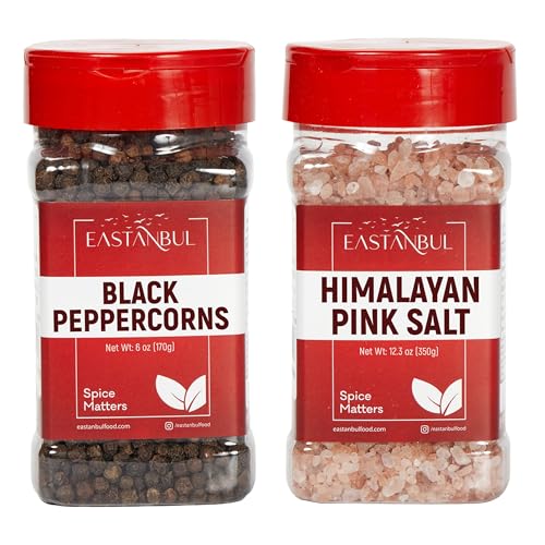 Eastanbul Salt and Pepper for Grinder Refill, Peppercorns Whole 6oz, Pink Himalayan Salt 12.3oz, Peppercorns for Grinder Refill, Himalayan Pink Salt and Pepper, Spice Buddies Series, Gift Box