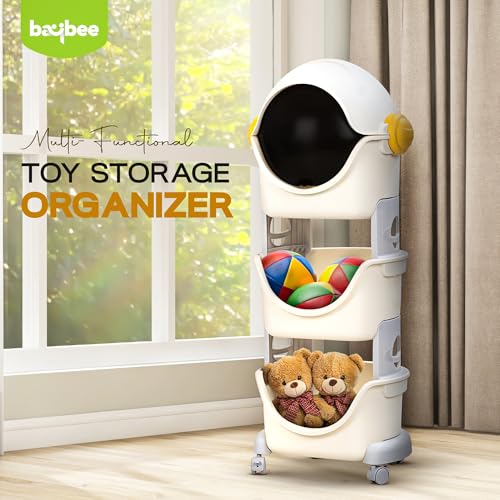 Image of BAYBEE Plastic Astro Storage Organizer Wardrobe for Clothes, Korner Baby Bookshelf with Detachable 3 Level Storage Box, Wheel Locking Mechanism, Kids Toys Storage Organiser for Babies, White