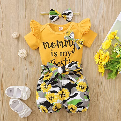 Image of Newborn Baby Girl Clothes Snap Cotton Bodysuit Floral Shorts Baby Headband Infant 3Pcs Outfits Summer Set