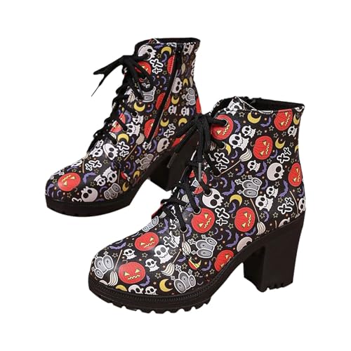 Botas para mujer con estampado de Halloween del Reino Unido, botines de tacón grueso, punta redonda, botas antideslizantes con cordones, resistentes al agua, fáciles de limpiar, botas con cremallera
