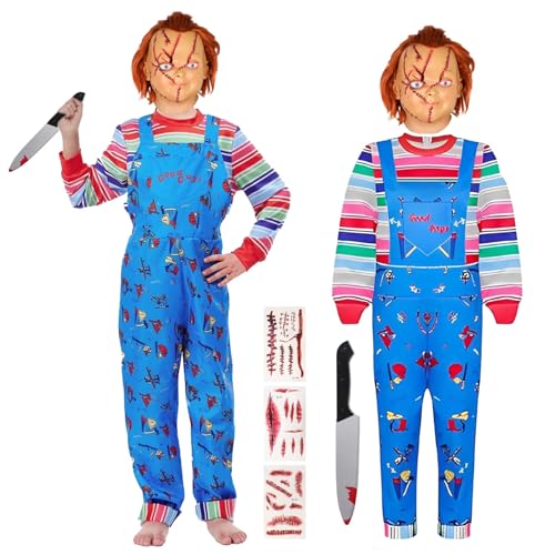 Zophlly Chucky Kostüm Kinder Chucky Jumpsuit mit Messer Aufkleber für Halloween Karneval Horror Killer Cosplay Jungen Mädchen (Chucky mit Maske 130 cm)