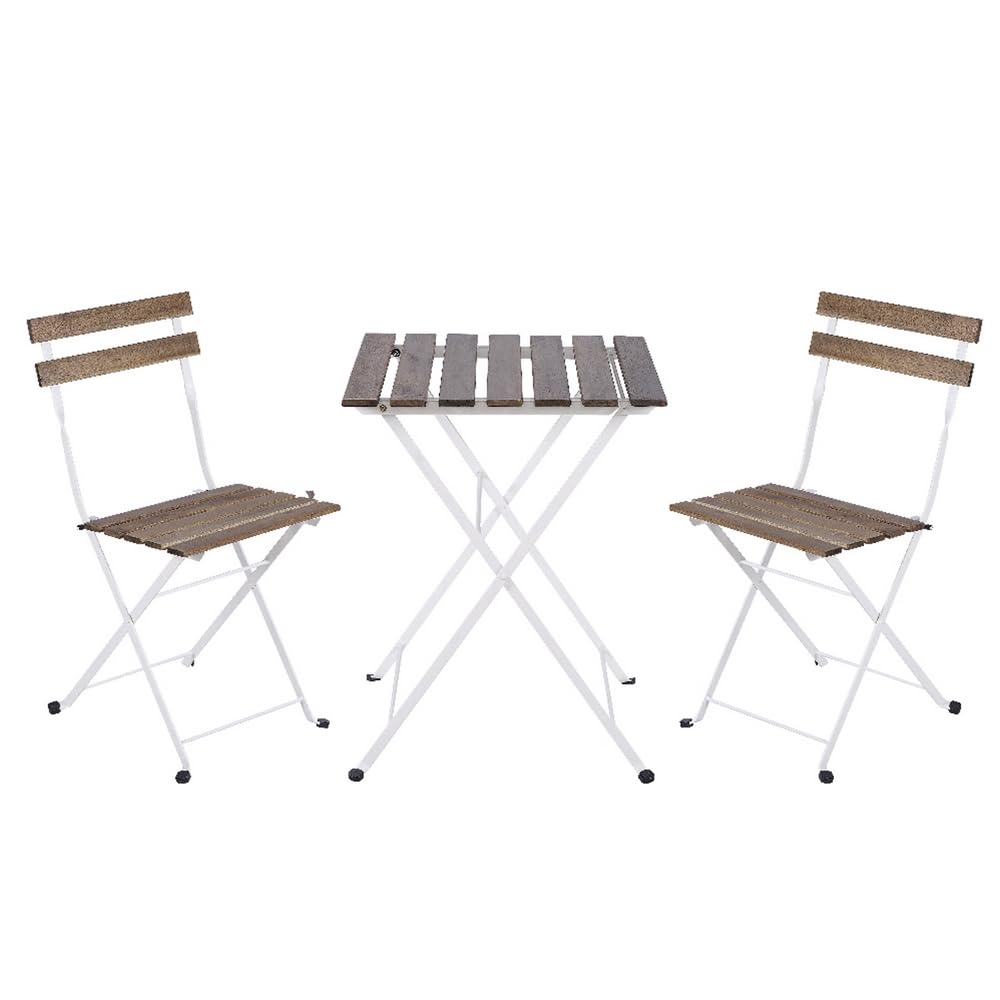 LOLAhome Set Muebles de Balcón Completo | Mesa y 2 Sillas Plegables, de Madera y Acero Blanco | Tratamiento Anticorrosión y Madera Sostenible | para Jardín, Terraza o Balcón | Sirio