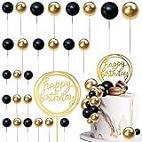 Colorful Balls Cake Topper Pearl Balls Cake Topper Happy Birthday Cake Insert Pick DIY Pile Up Insert for Wedding Birthday Party Baby Shower Cake Decoration (Black and Gold)