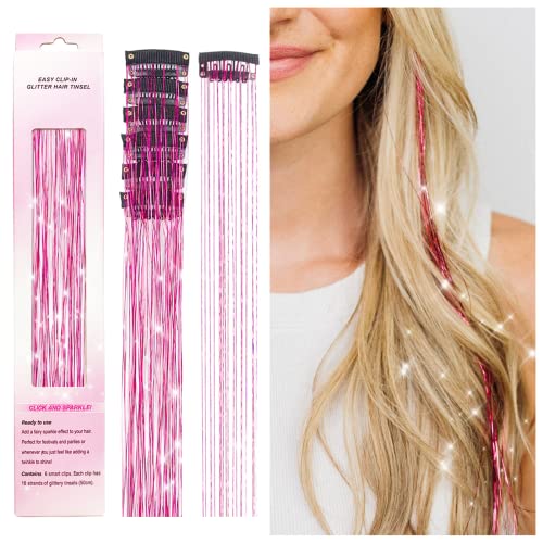 Clip in Hair Tinsel, POROLIR 6Pcs Glitter Fairy Tinsel Hair Extensions 20 Inch Shiny Hair Tinsel Heat Resistant, Sparkly Strands Hair Accessories, Festival Gift for Women Girls Kids (Rose Red)