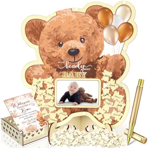 Image of Wenqik 63 Pcs Brown Bear Baby Shower Guest Book Alternatives Set Baby Shower Decorations with Photo Frame Sonogram Frame Keepsake 60 Wood Slices Guest Book for Birthday
