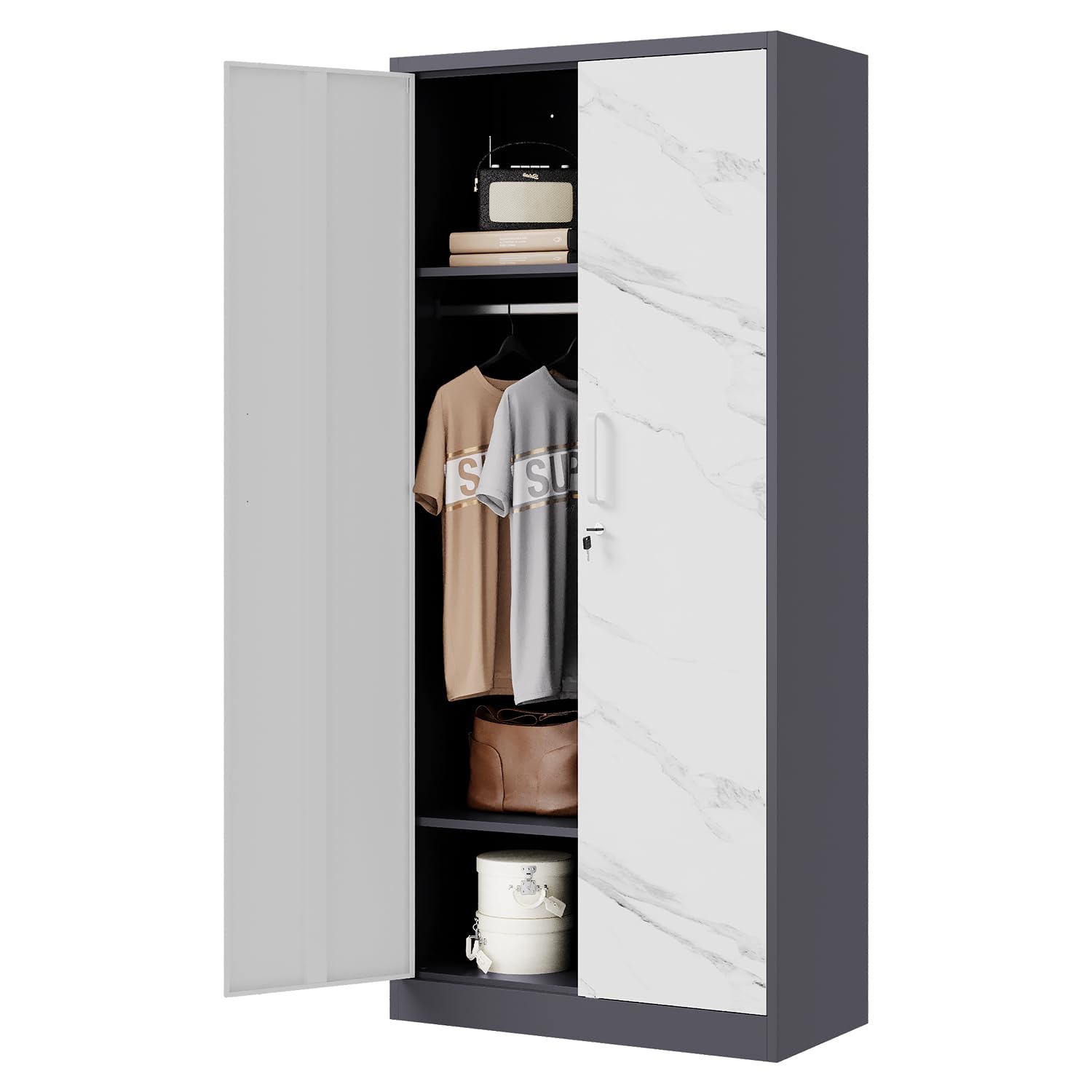Letaya Wardrobe Closet, 72" H Clothing Storage Cabinet with Adjustable Shelves and Hanging Rod, Bedroom Armoire Clothes Organizer (White Gray)
